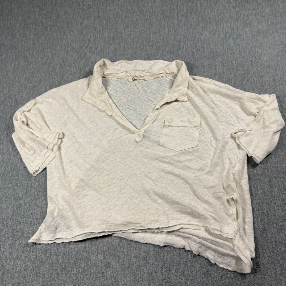 We The Free Shirt Womens Medium White Linen Blend Oversized Cropped Raw Hem Boho